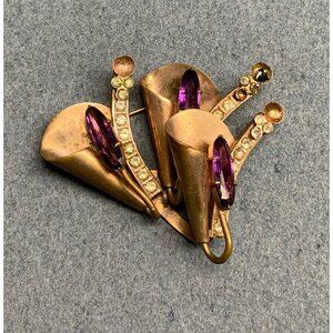 Vintage Flower Pin Brooch 2.5 In As Is Copper Gold Purple Rhinestone Bling Glam
